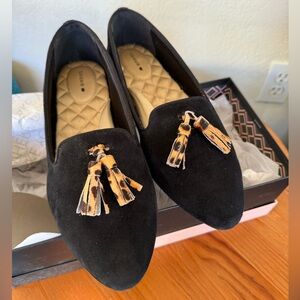 Birdies Black Blackbird Loafers with Leopard Tassels
